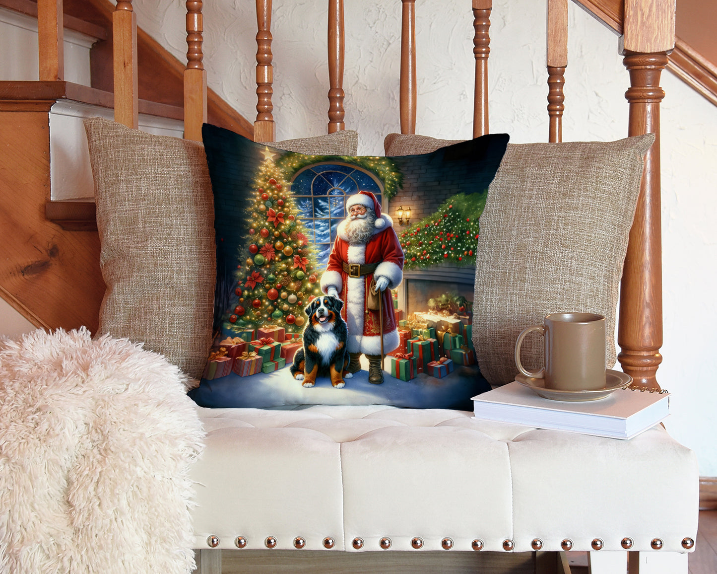 Bernese Mountain Dog and Santa Claus Throw Pillow