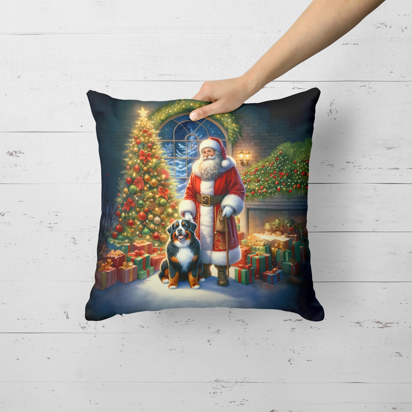 Bernese Mountain Dog and Santa Claus Throw Pillow