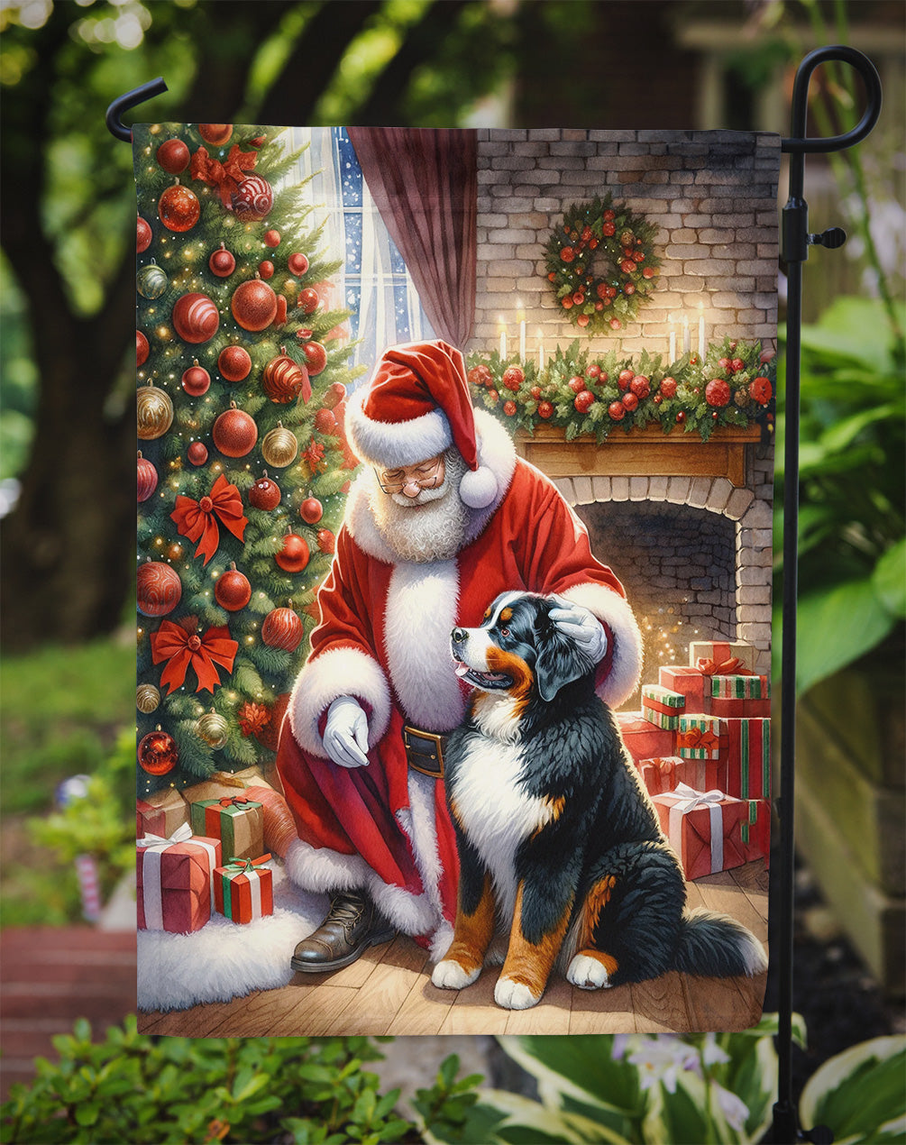 Bernese Mountain Dog and Santa Claus Garden Flag