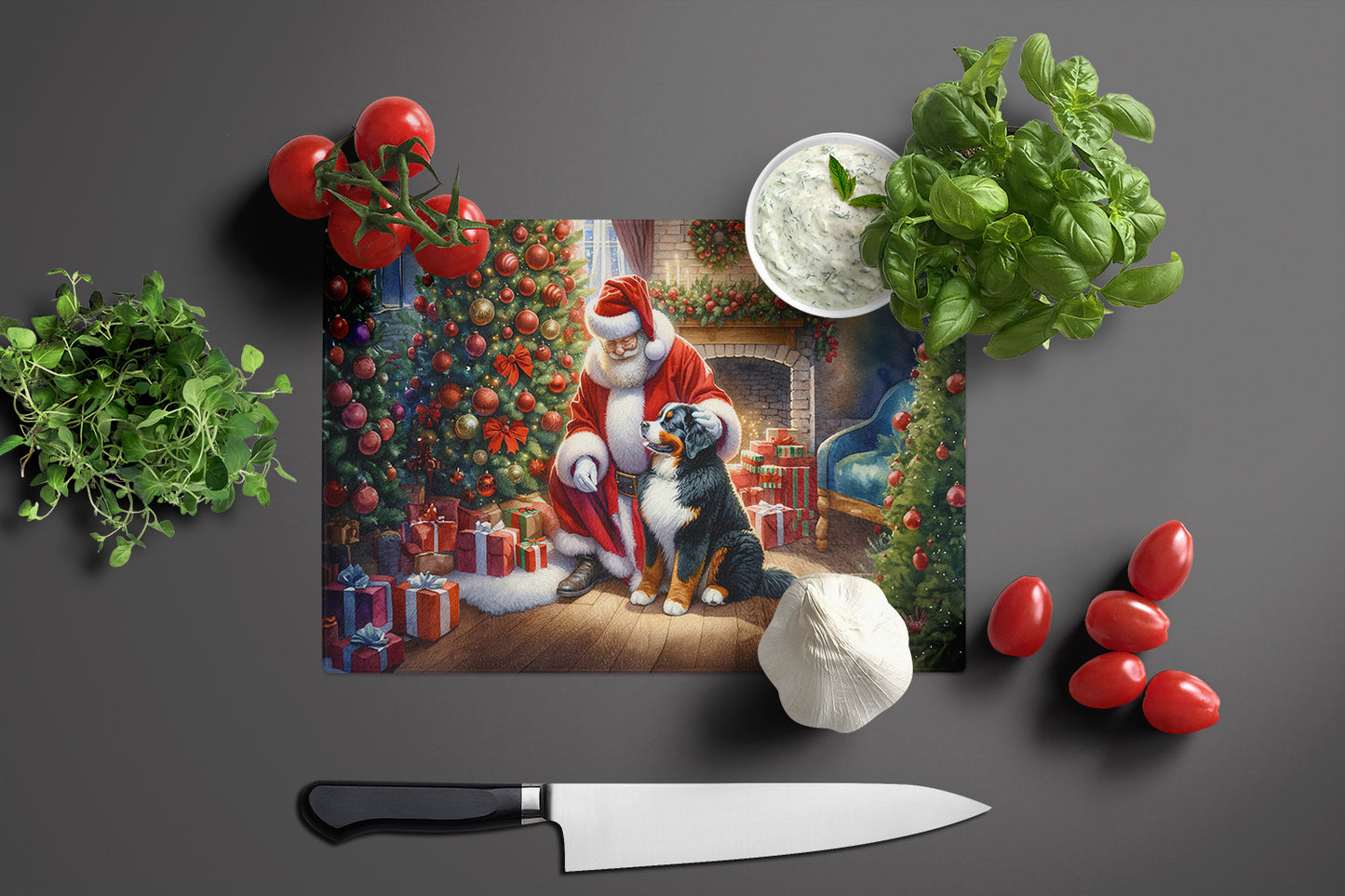 Bernese Mountain Dog and Santa Claus Glass Cutting Board