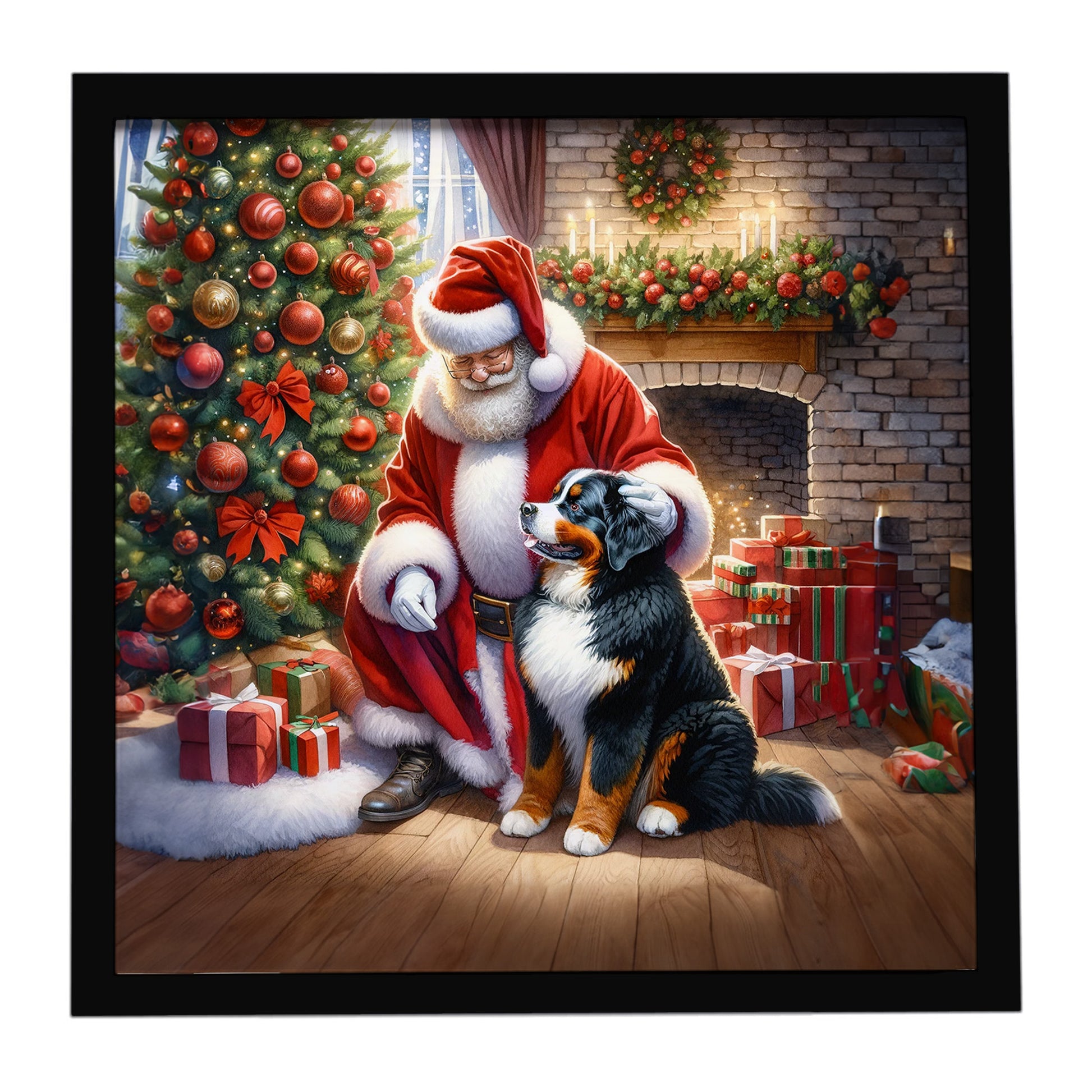 Buy this Bernese Mountain Dog and Santa Claus Framed Metal Print