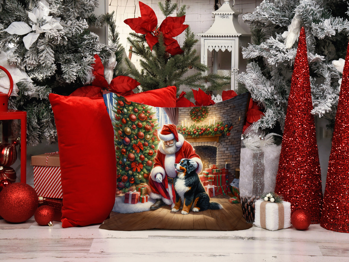 Bernese Mountain Dog and Santa Claus Throw Pillow