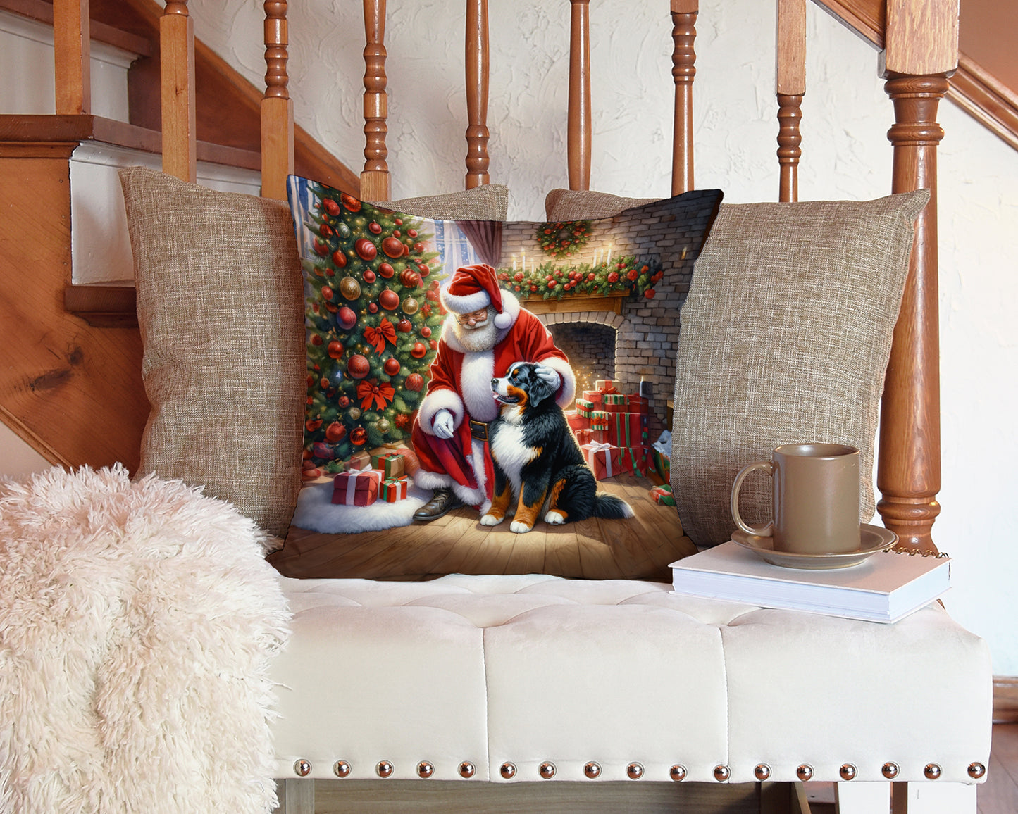 Bernese Mountain Dog and Santa Claus Throw Pillow