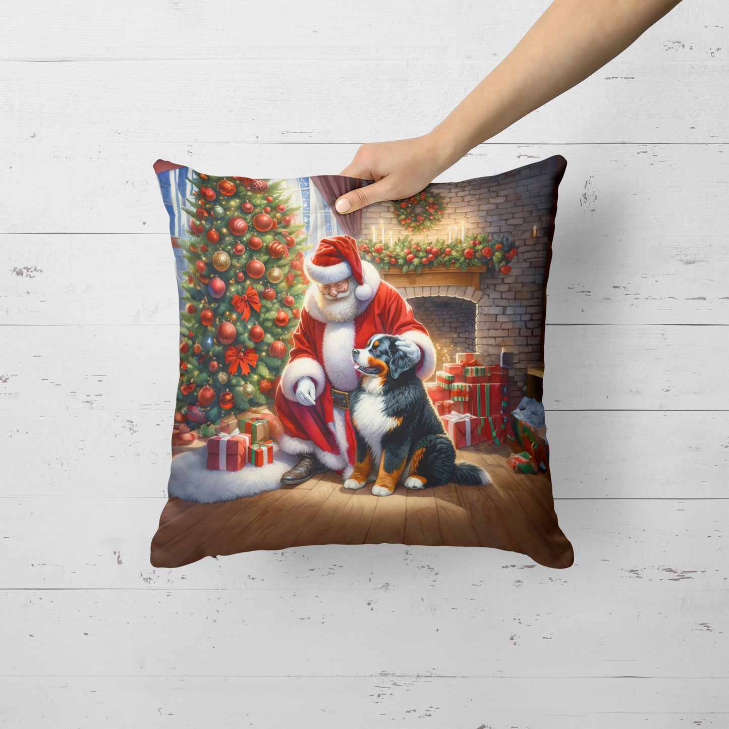 Bernese Mountain Dog and Santa Claus Throw Pillow