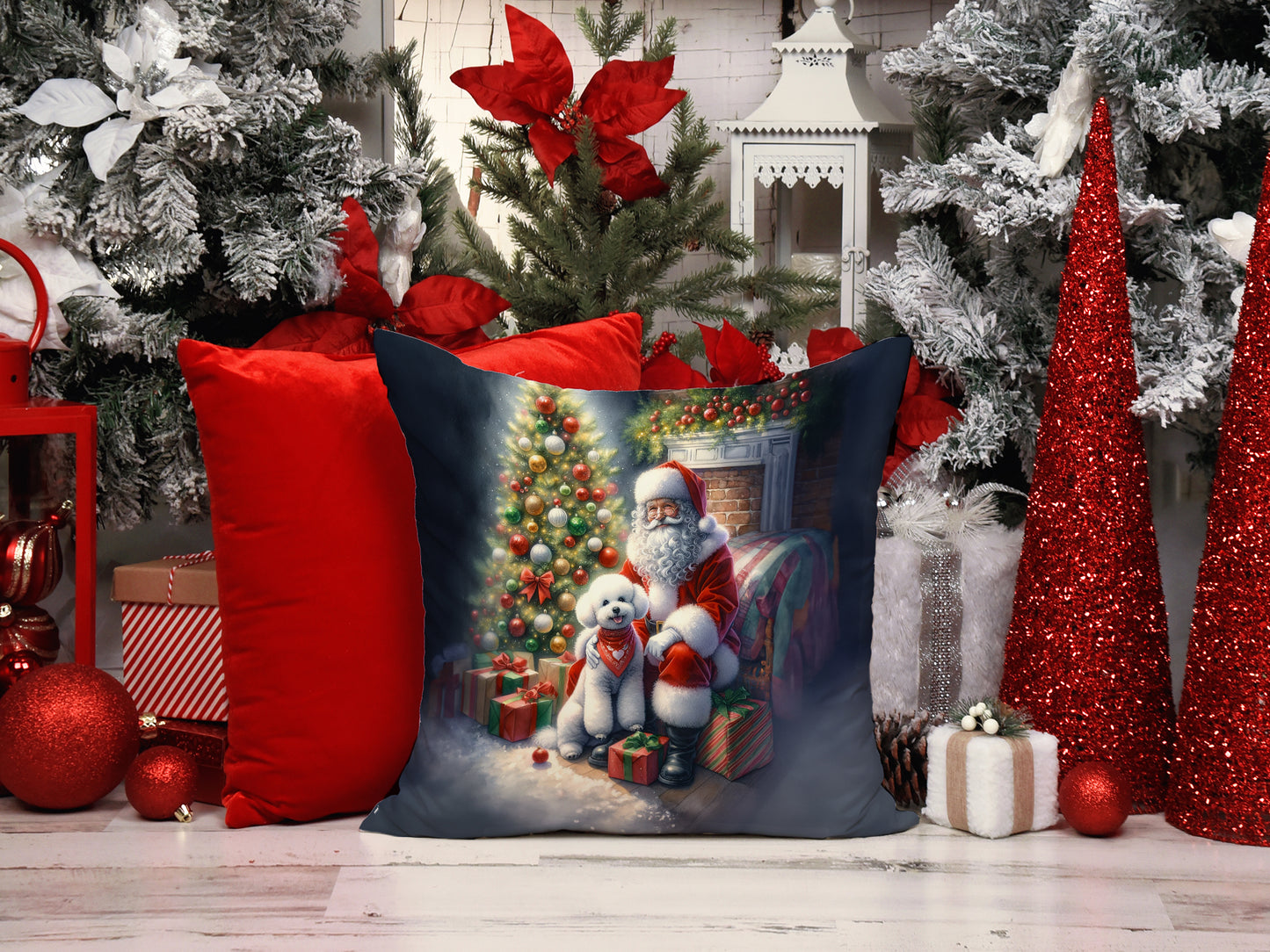 Bichon Frise and Santa Claus Throw Pillow