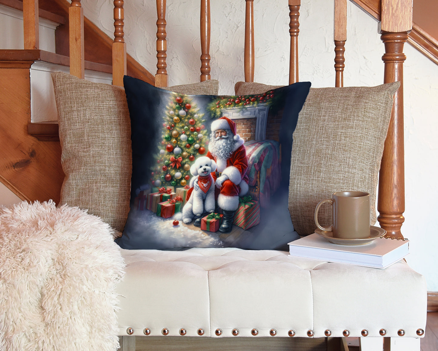 Bichon Frise and Santa Claus Throw Pillow