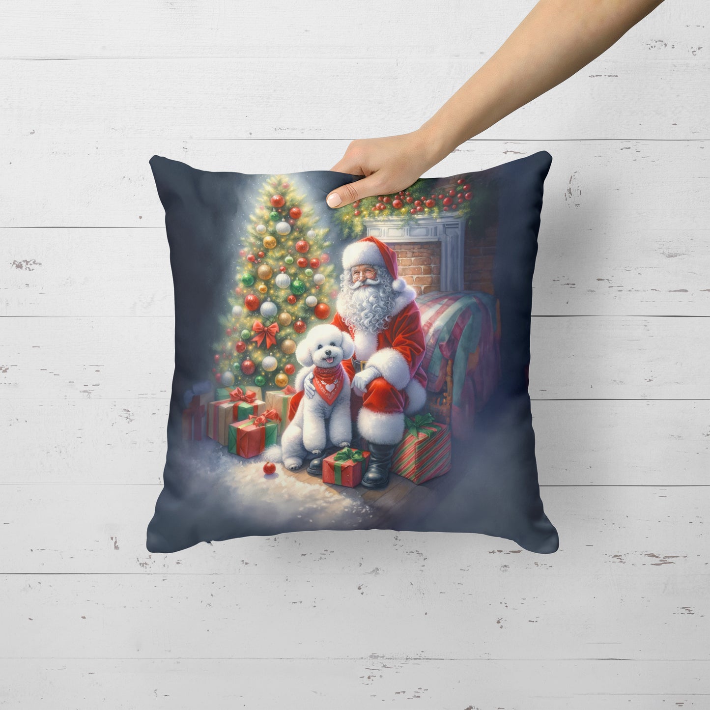 Bichon Frise and Santa Claus Throw Pillow