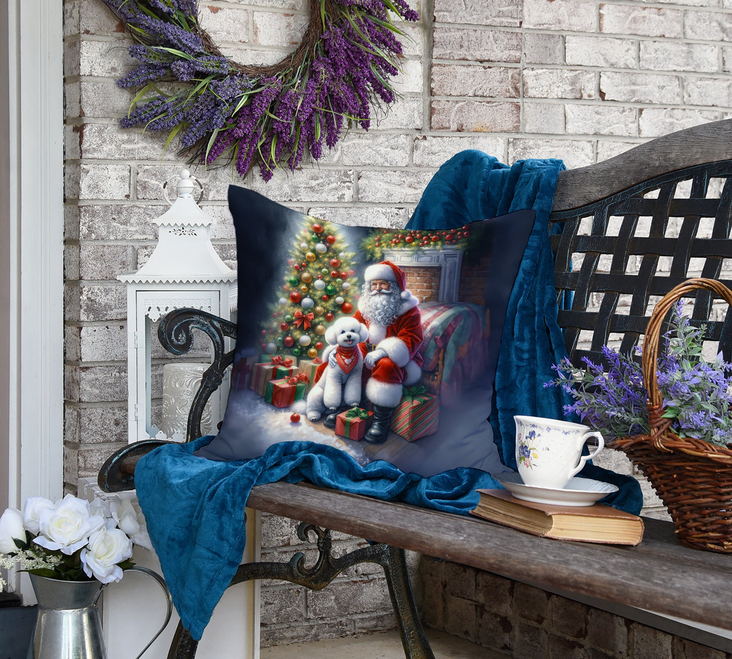 Bichon Frise and Santa Claus Throw Pillow