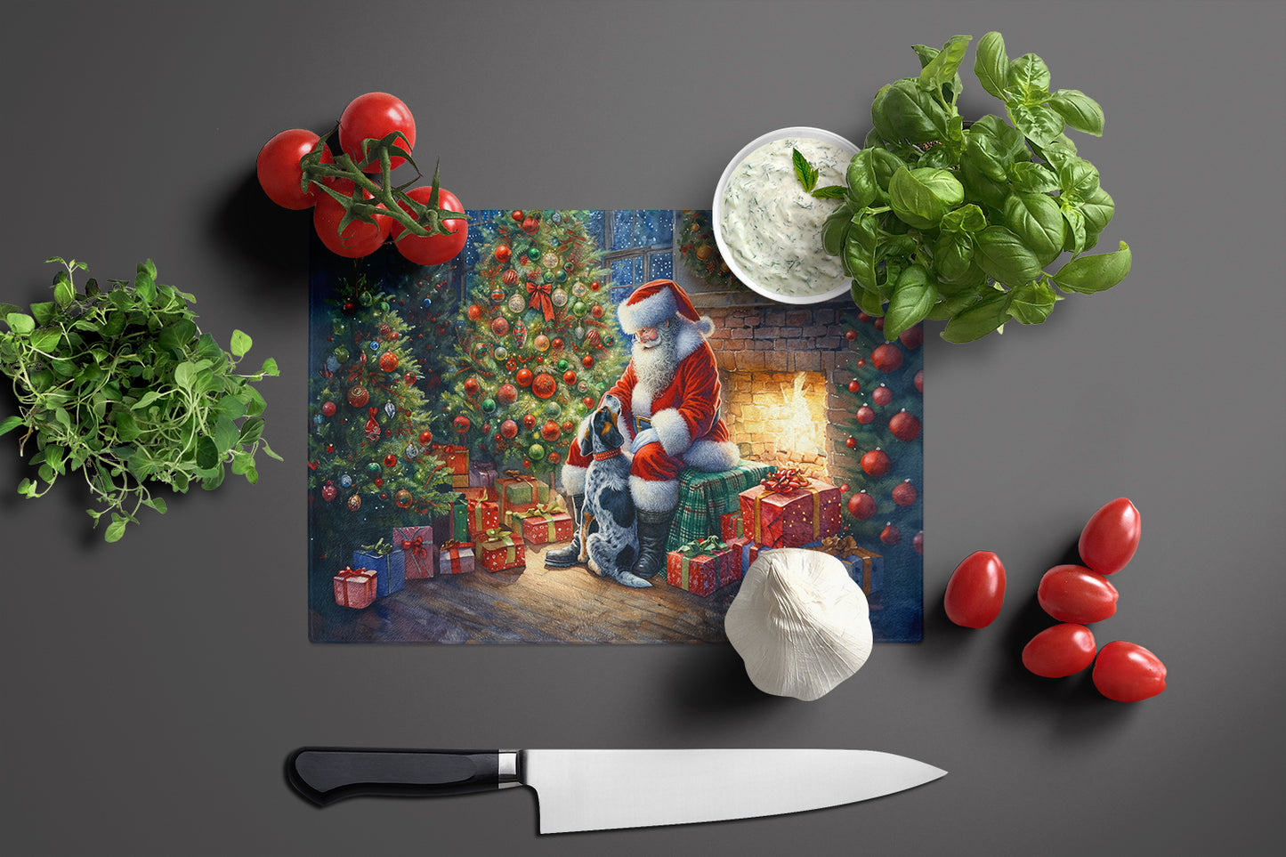 Bluetick Hound and Santa Claus Glass Cutting Board