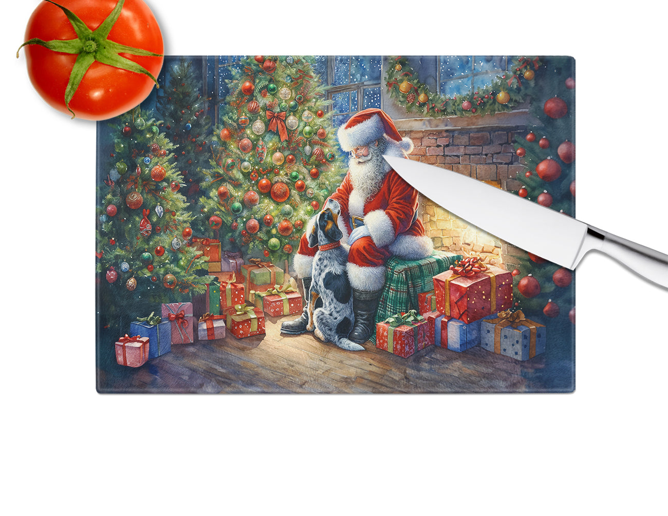 Bluetick Hound and Santa Claus Glass Cutting Board