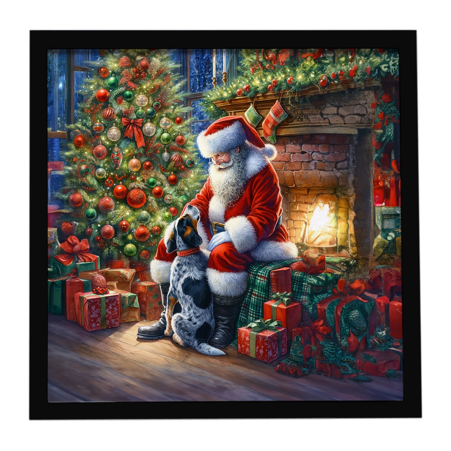 Buy this Bluetick Hound and Santa Claus Framed Metal Print