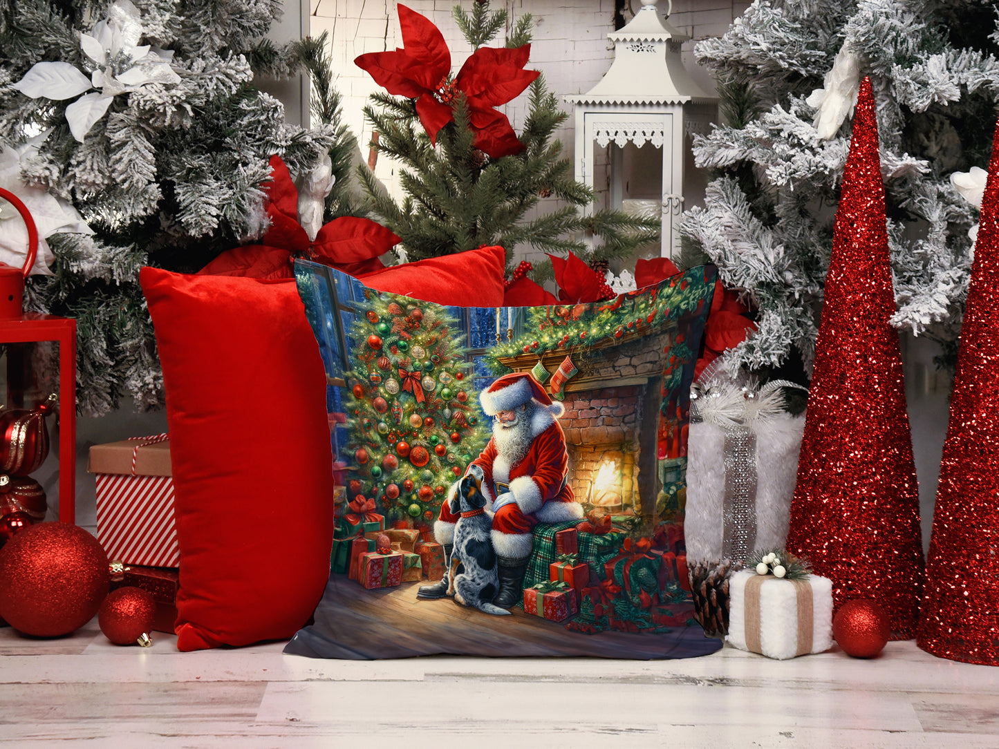 Bluetick Hound and Santa Claus Throw Pillow