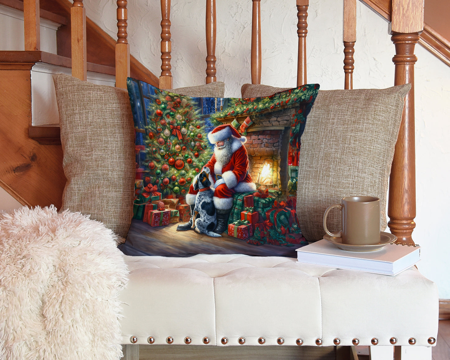 Bluetick Hound and Santa Claus Throw Pillow