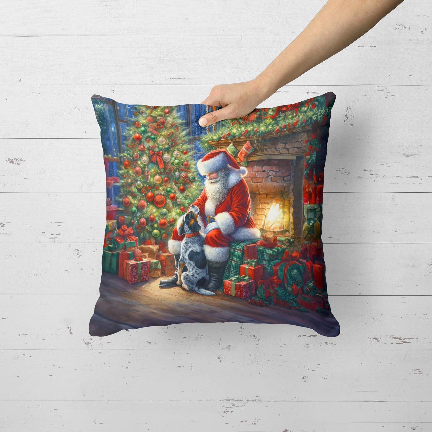 Bluetick Hound and Santa Claus Throw Pillow