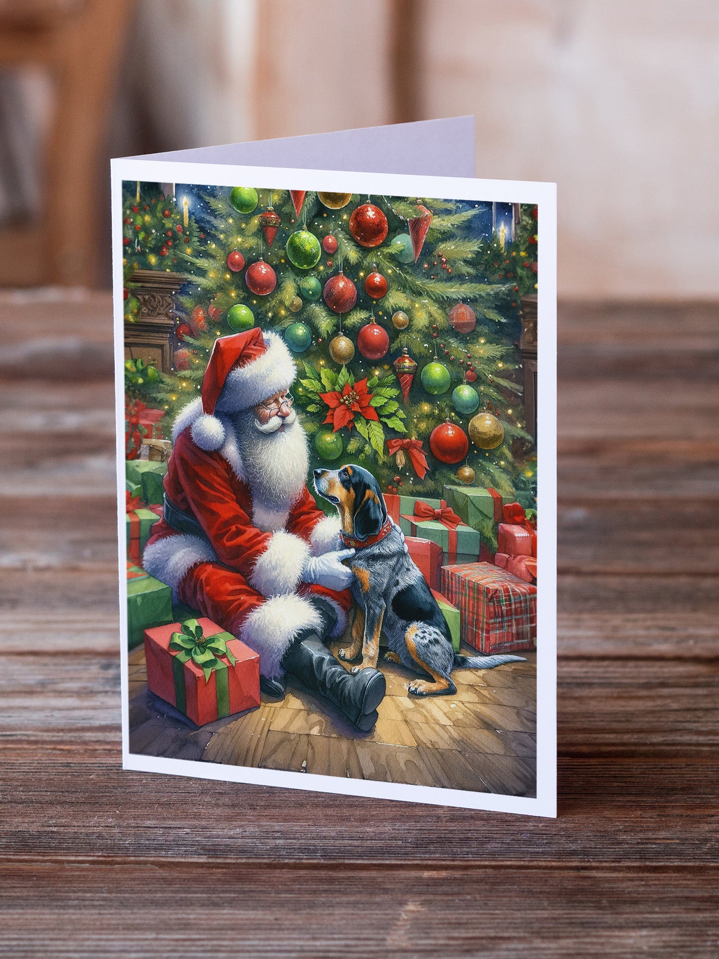 Bluetick Hound and Santa Claus Greeting Cards Pack of 8