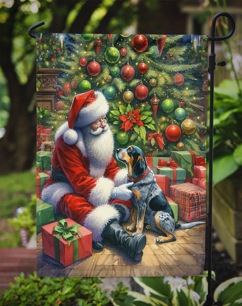 Bluetick Hound and Santa Claus Garden Flag