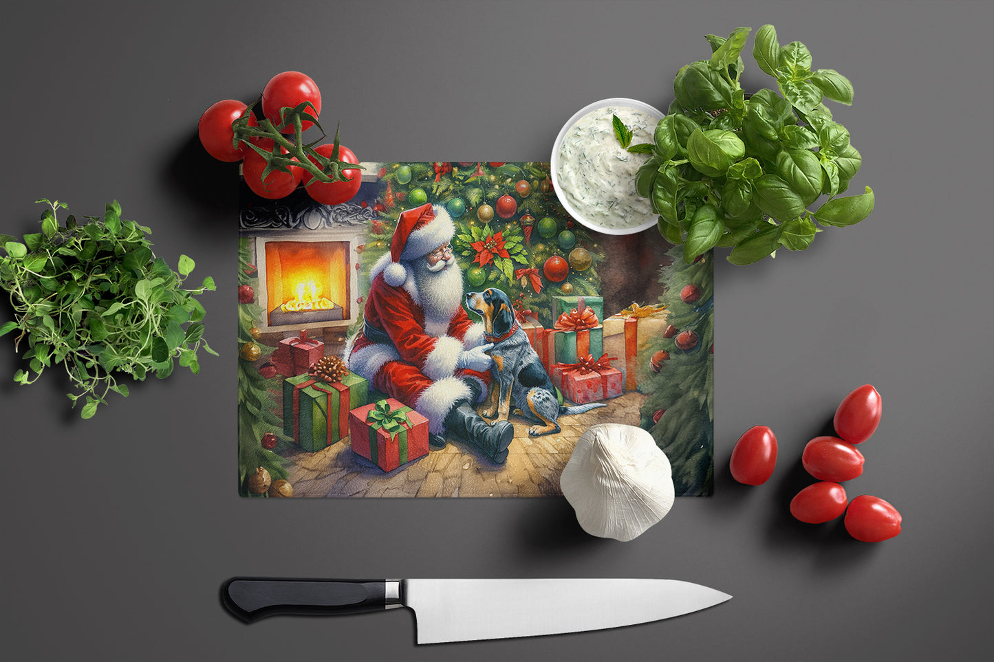 Bluetick Hound and Santa Claus Glass Cutting Board