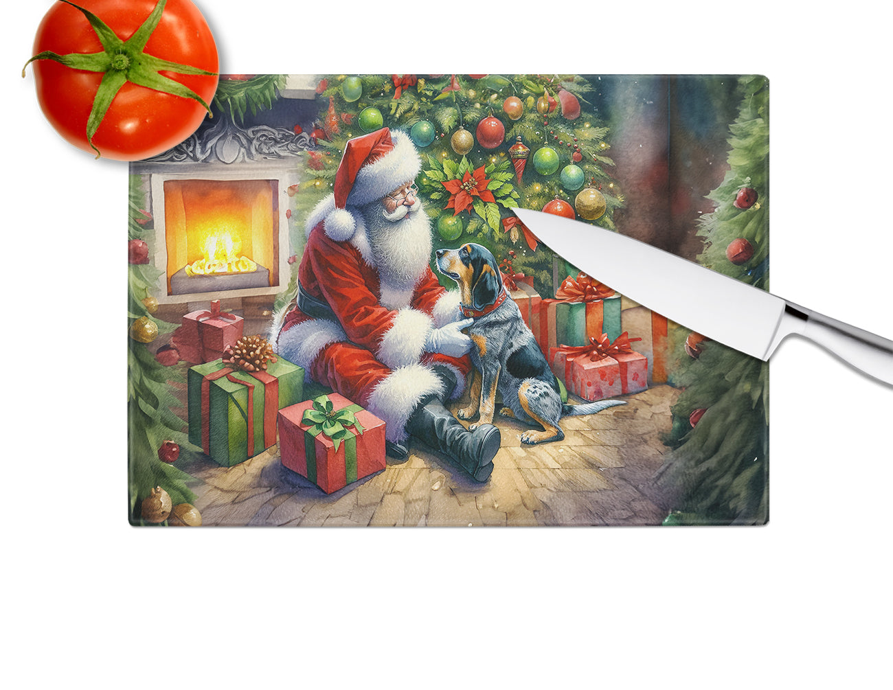 Bluetick Hound and Santa Claus Glass Cutting Board