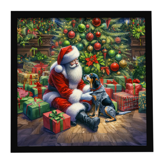 Buy this Bluetick Hound and Santa Claus Framed Metal Print