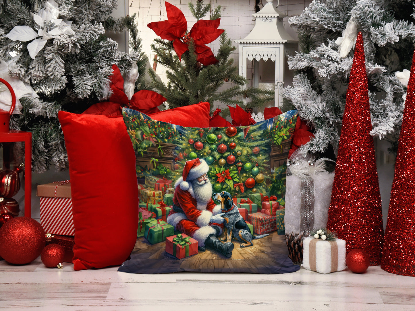 Bluetick Hound and Santa Claus Throw Pillow