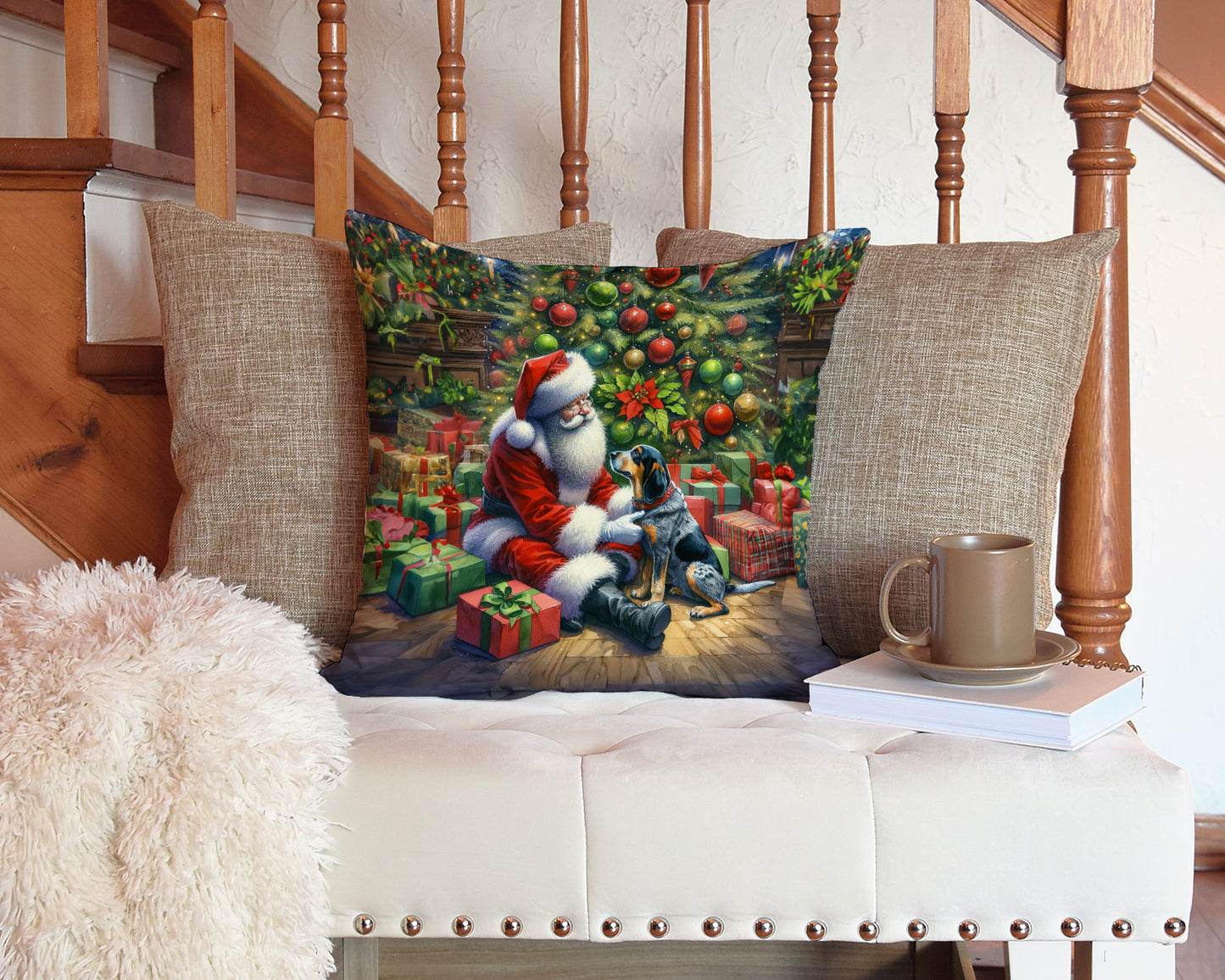 Bluetick Hound and Santa Claus Throw Pillow