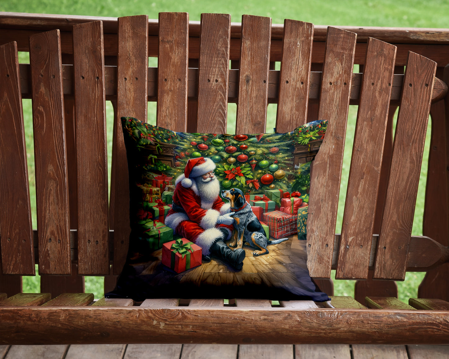 Bluetick Hound and Santa Claus Throw Pillow