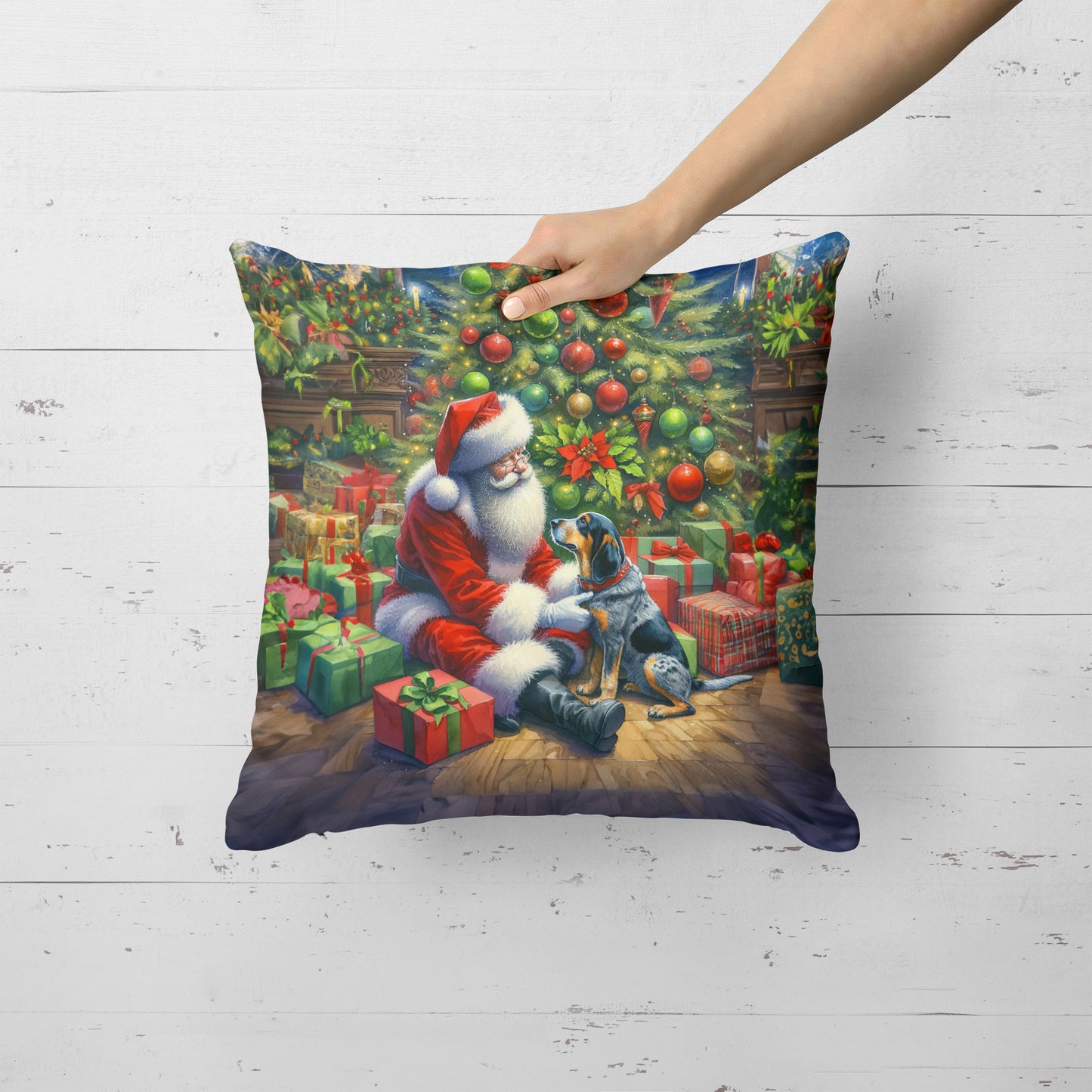 Bluetick Hound and Santa Claus Throw Pillow