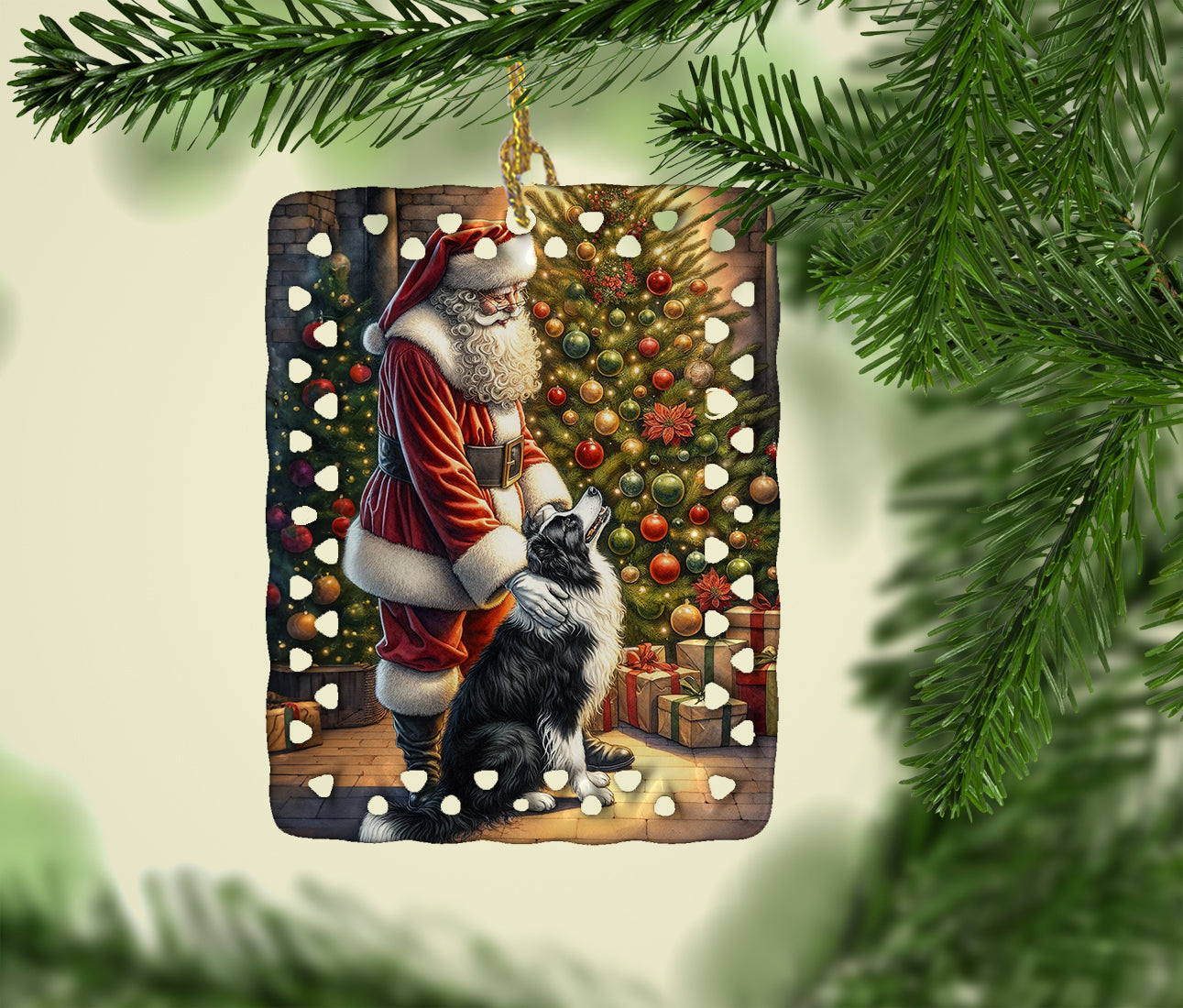 Border Collie and Santa Claus Porcelain Ornament