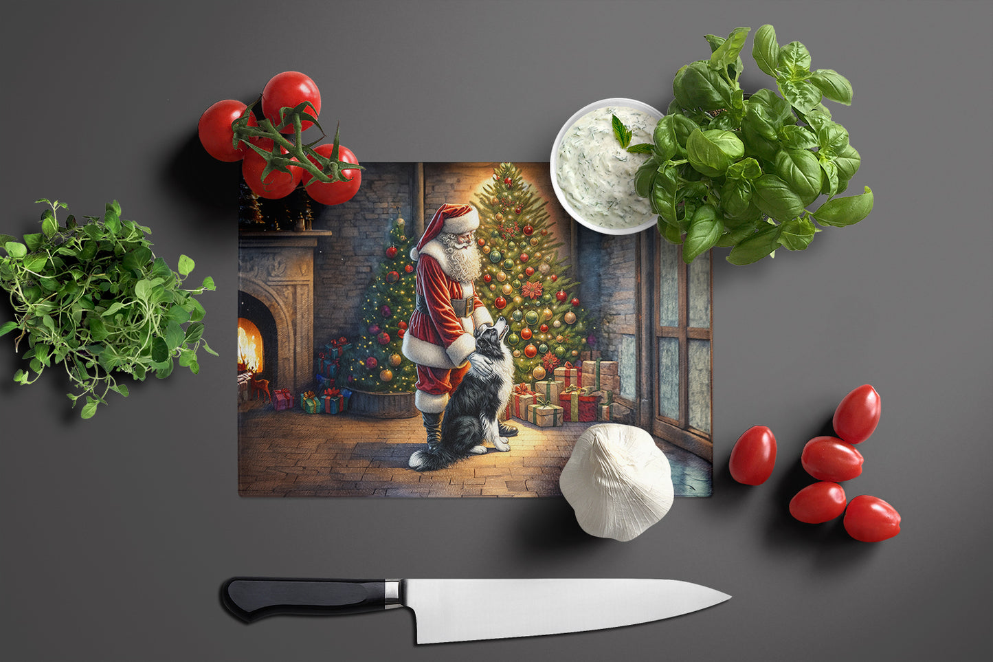 Border Collie and Santa Claus Glass Cutting Board