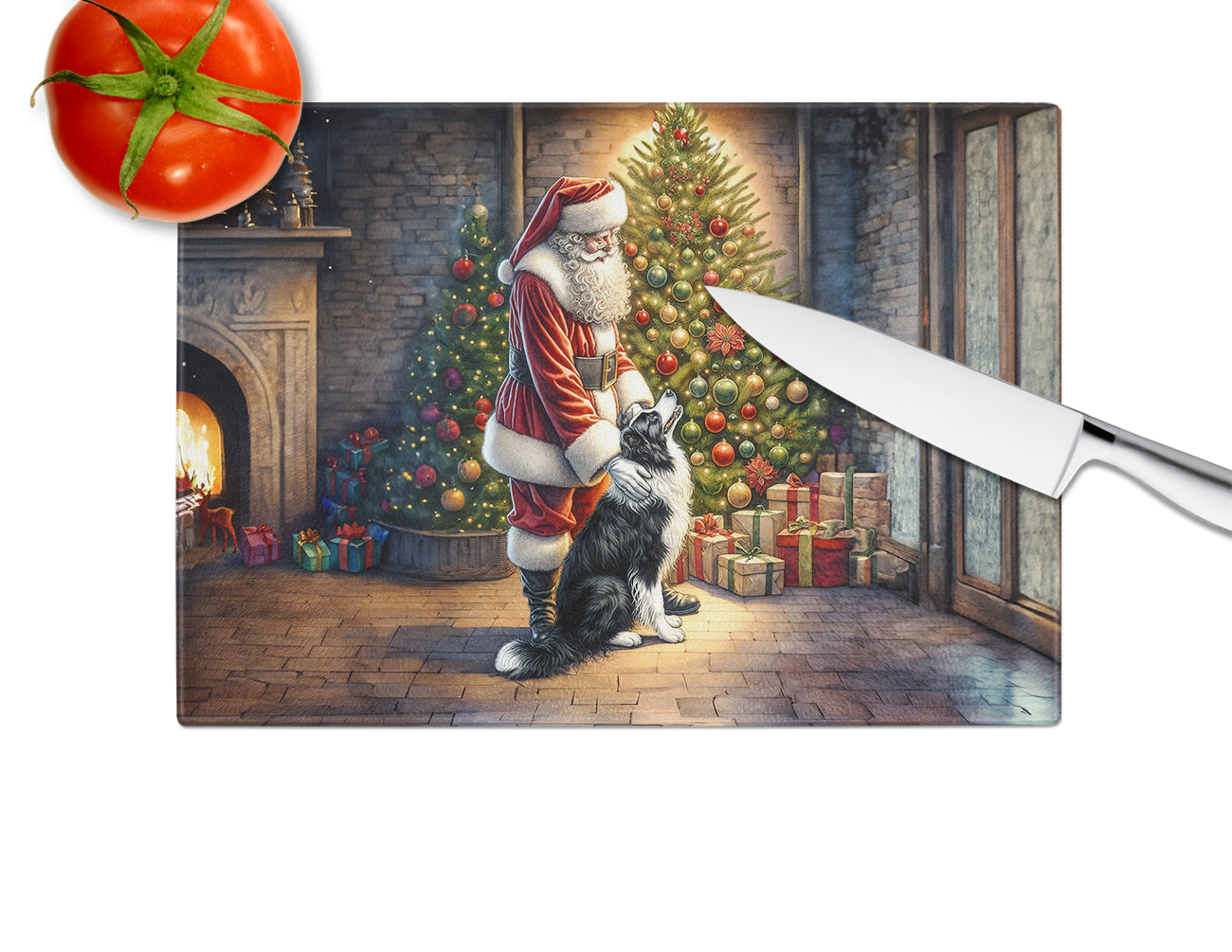 Border Collie and Santa Claus Glass Cutting Board