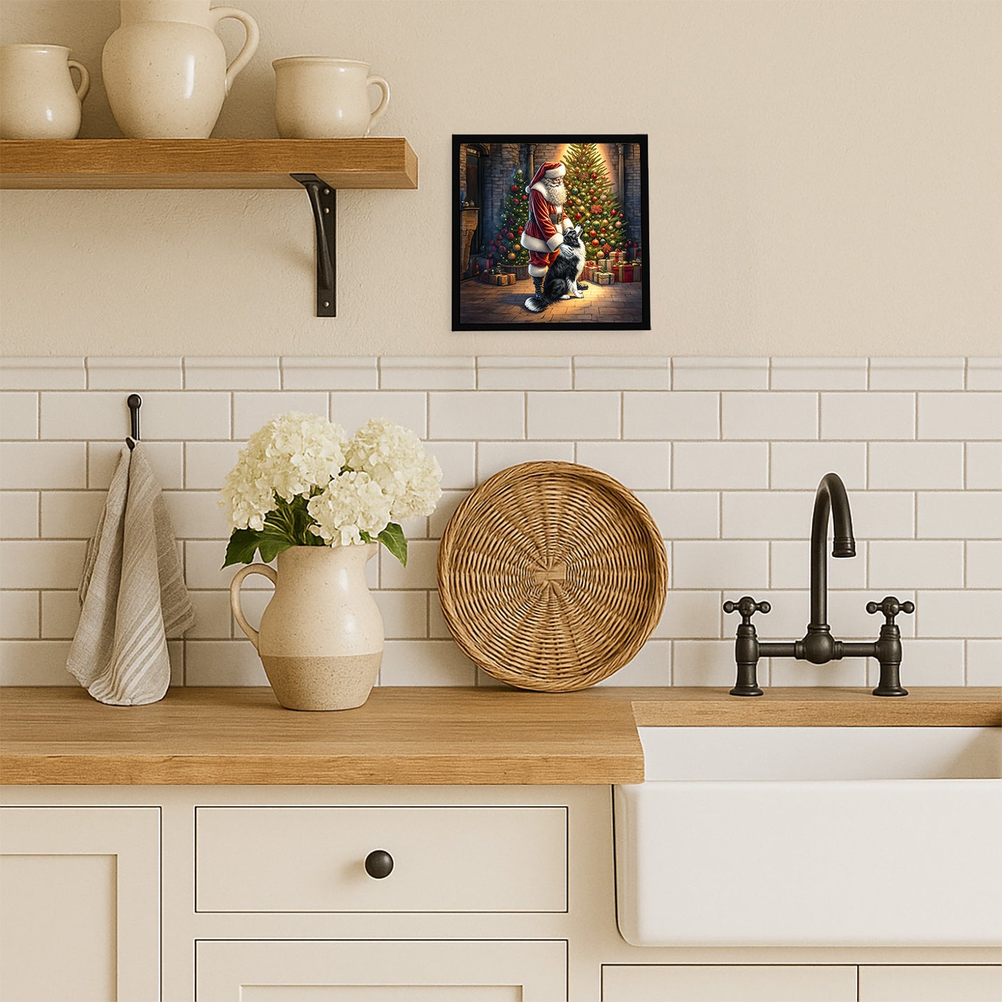 Border Collie and Santa Claus Framed Metal Print