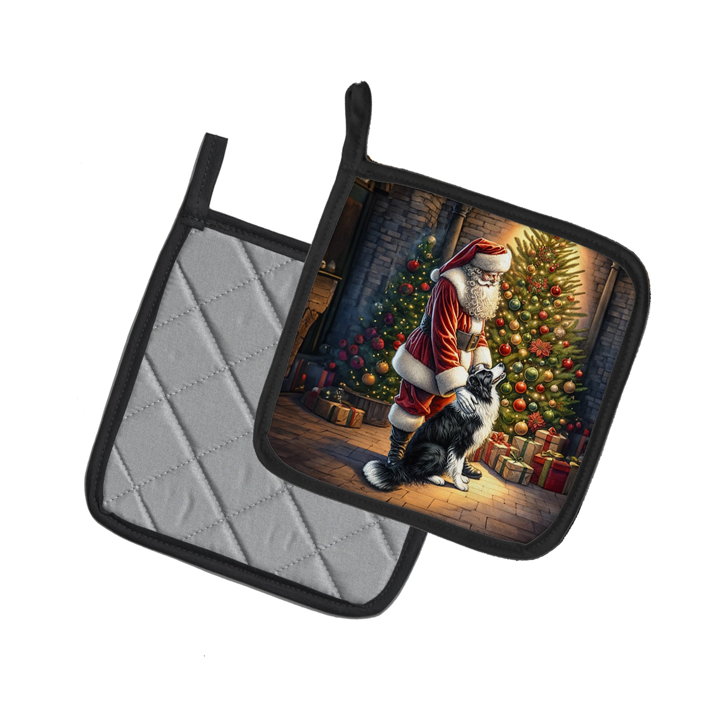 Border Collie and Santa Claus Pair of Pot Holders