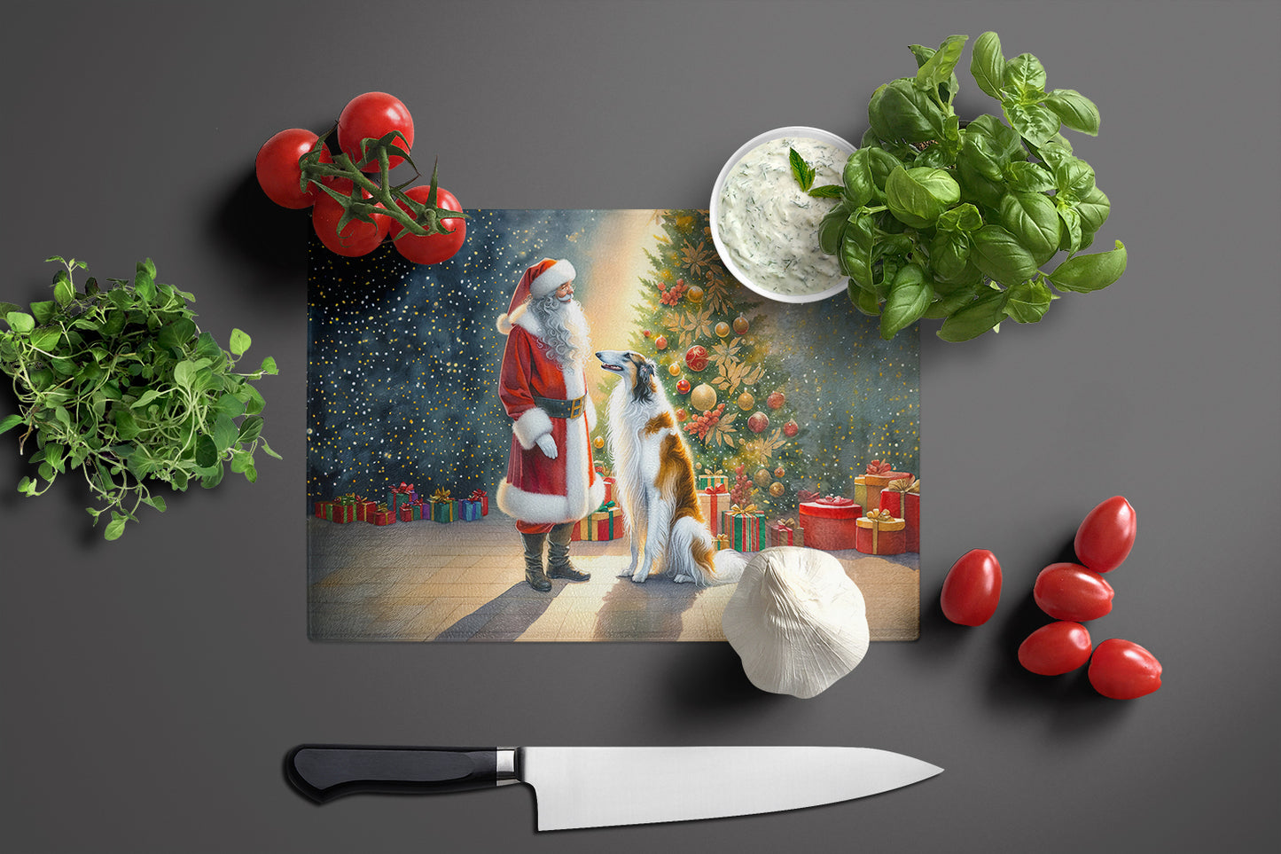 Borzoi and Santa Claus Glass Cutting Board