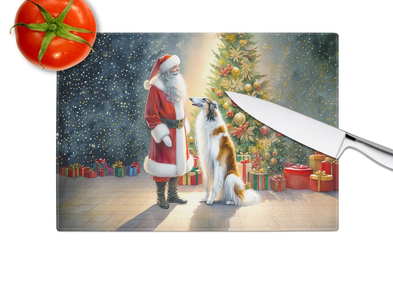 Borzoi and Santa Claus Glass Cutting Board