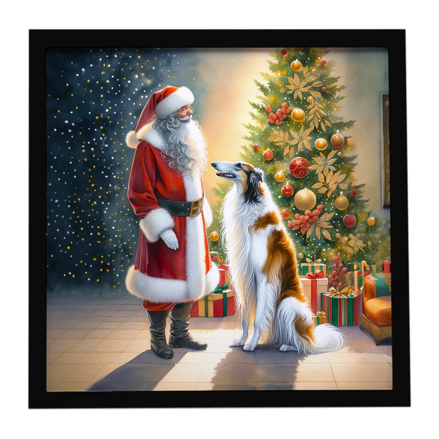 Buy this Borzoi and Santa Claus Framed Metal Print