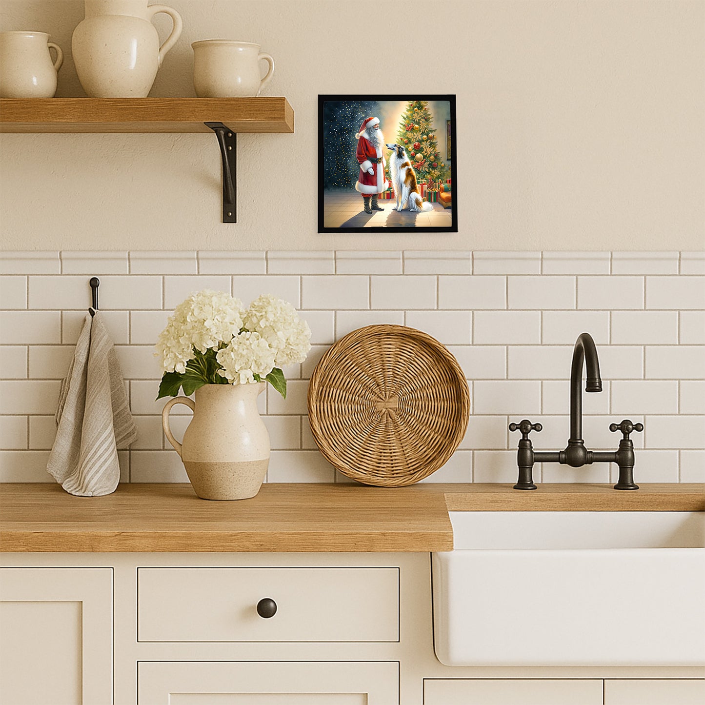 Borzoi and Santa Claus Framed Metal Print