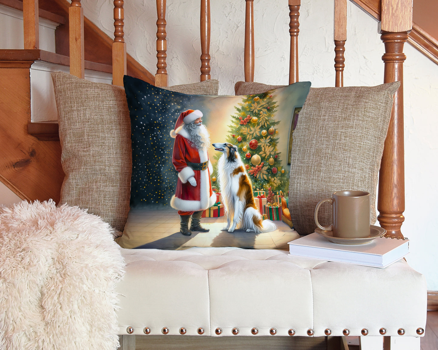 Borzoi and Santa Claus Throw Pillow