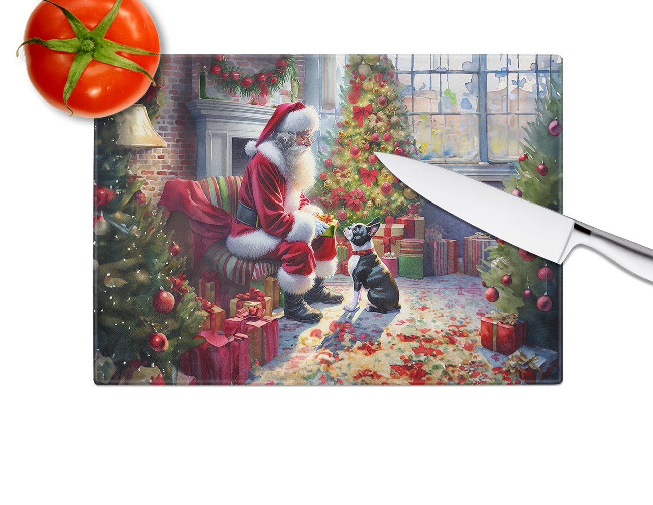 Boston Terrier and Santa Claus Glass Cutting Board