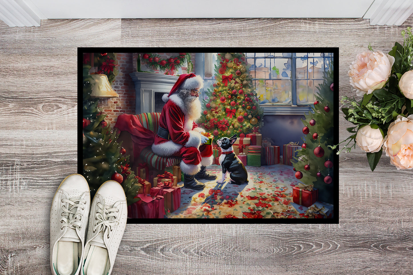 Boston Terrier and Santa Claus Doormat