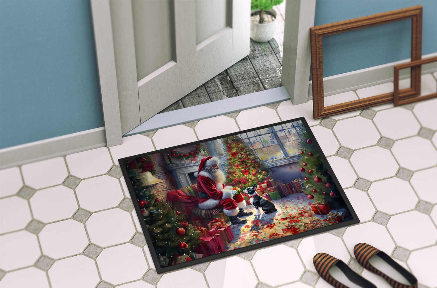 Boston Terrier and Santa Claus Doormat