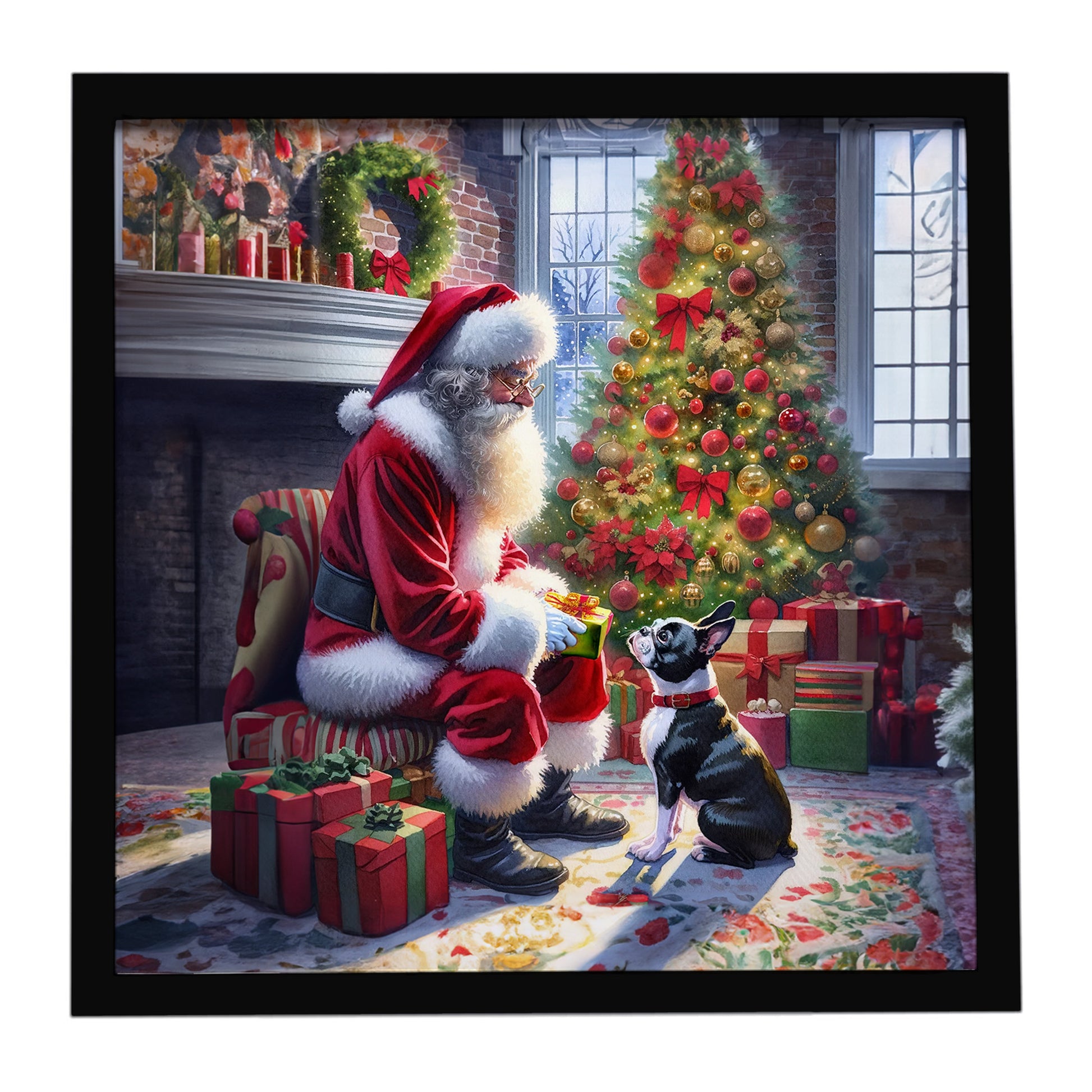 Buy this Boston Terrier and Santa Claus Framed Metal Print