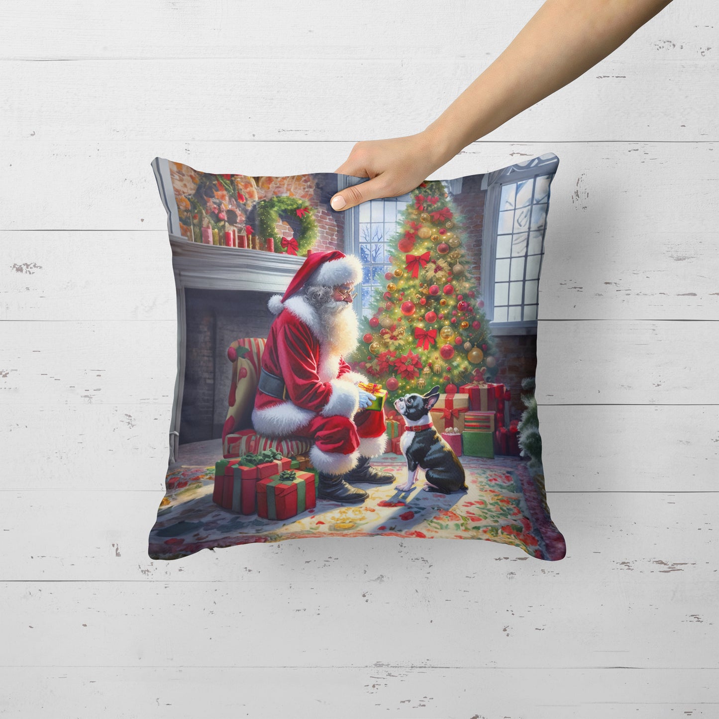 Boston Terrier and Santa Claus Throw Pillow