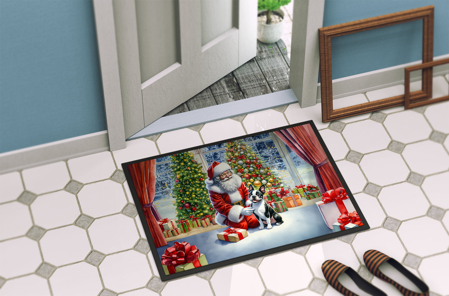 Boston Terrier and Santa Claus Doormat