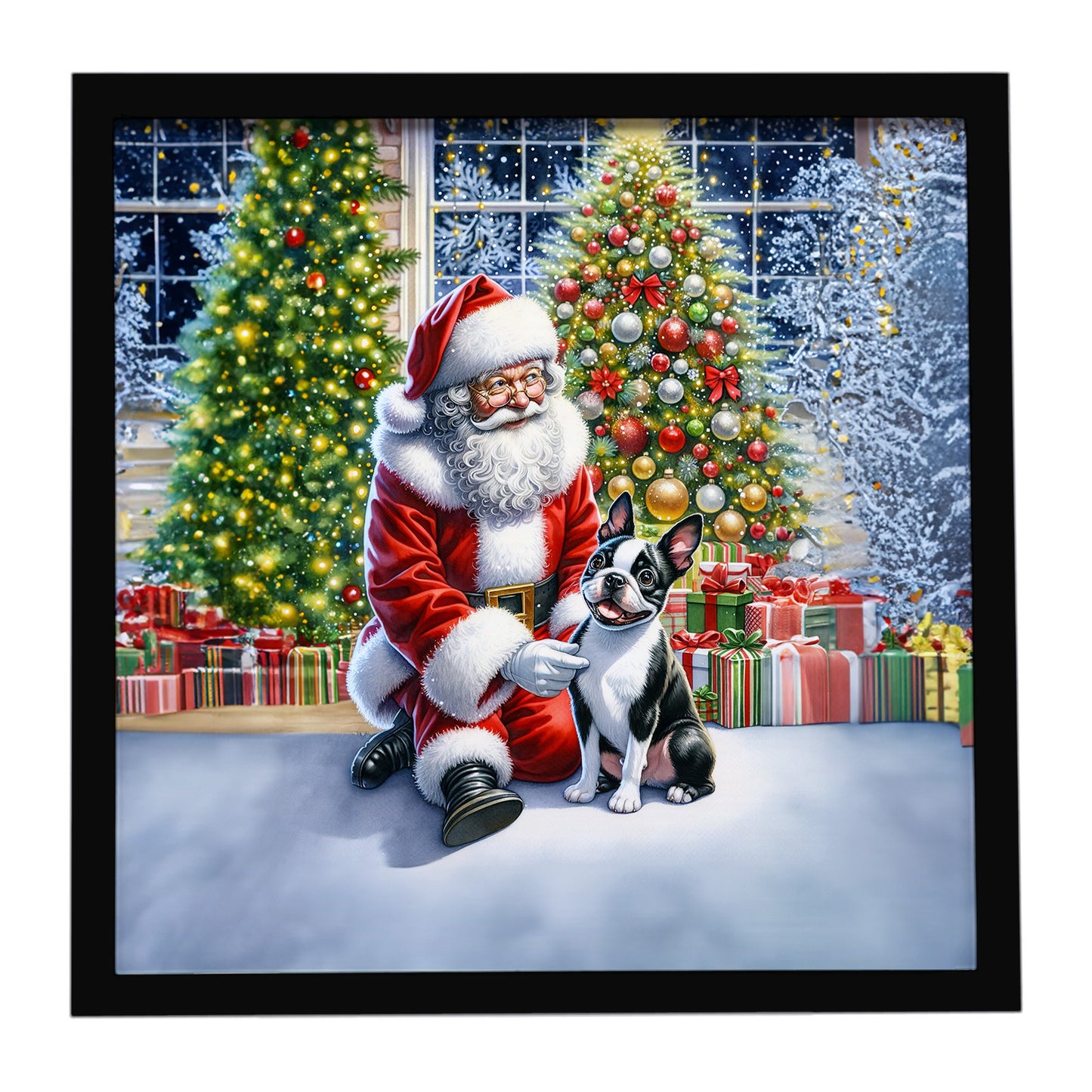 Buy this Boston Terrier and Santa Claus Framed Metal Print