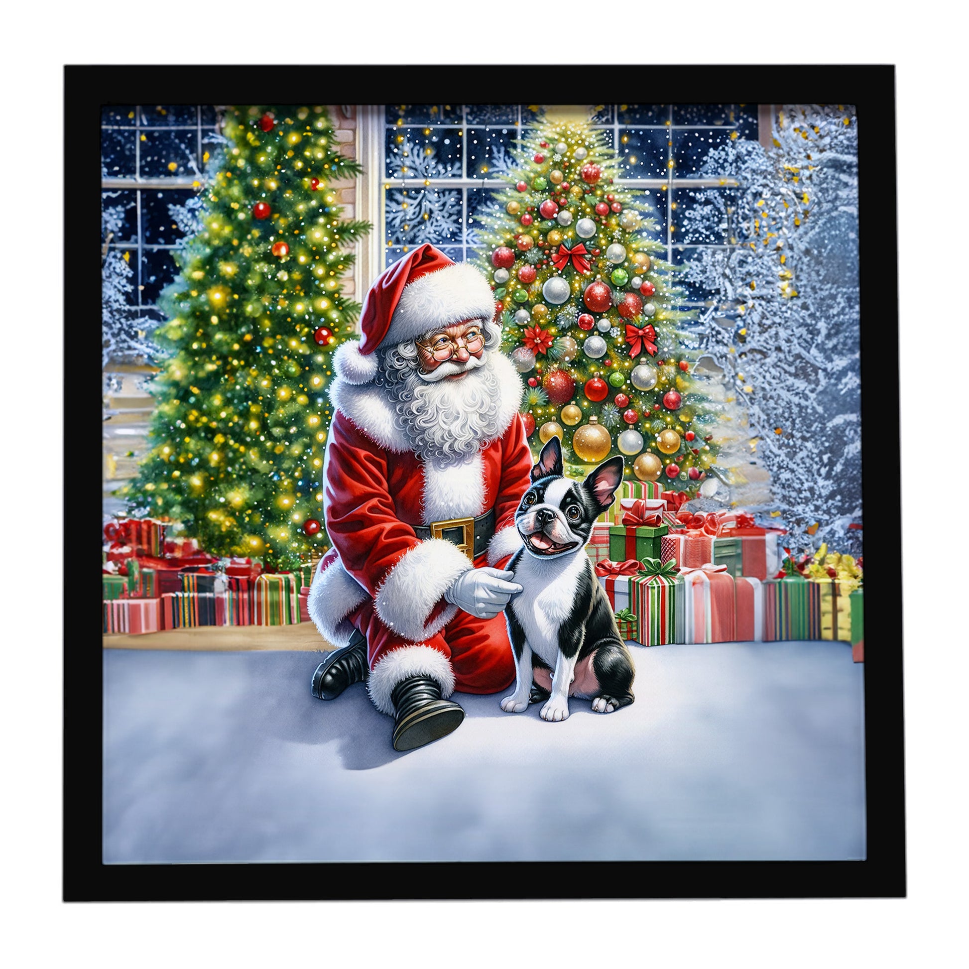 Buy this Boston Terrier and Santa Claus Framed Metal Print
