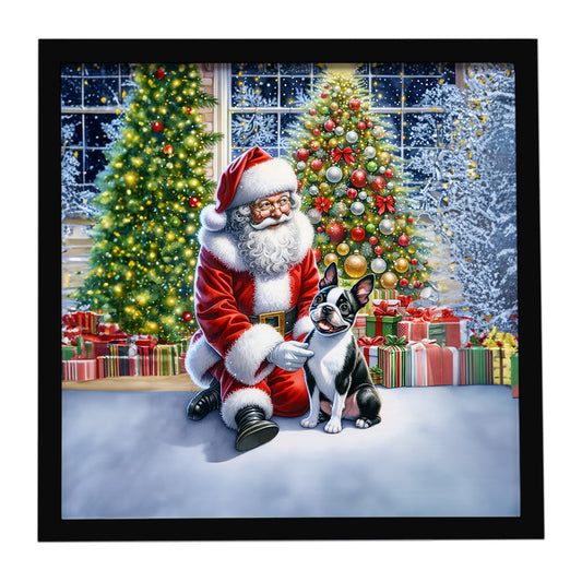 Buy this Boston Terrier and Santa Claus Framed Metal Print