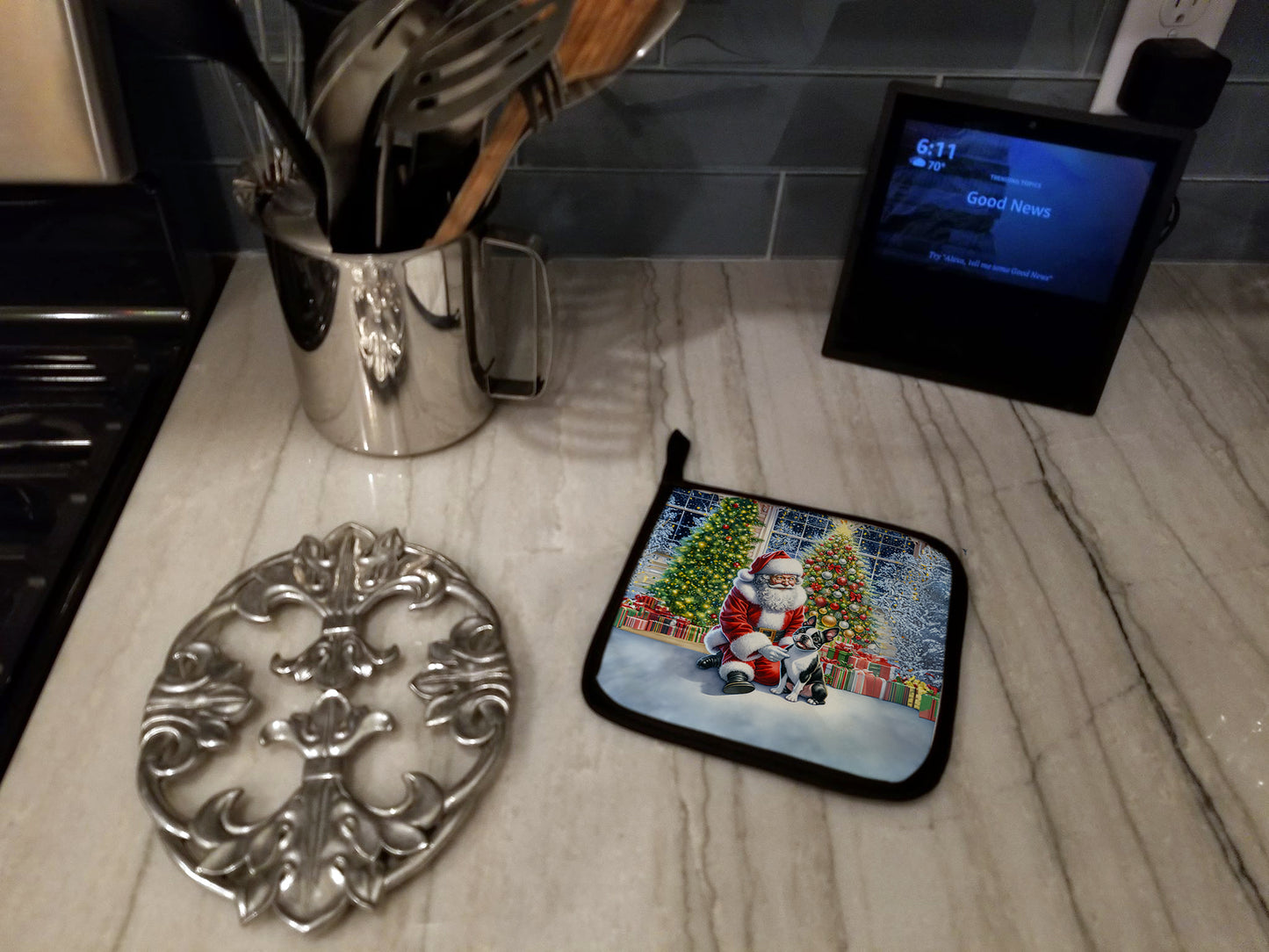 Boston Terrier and Santa Claus Pair of Pot Holders