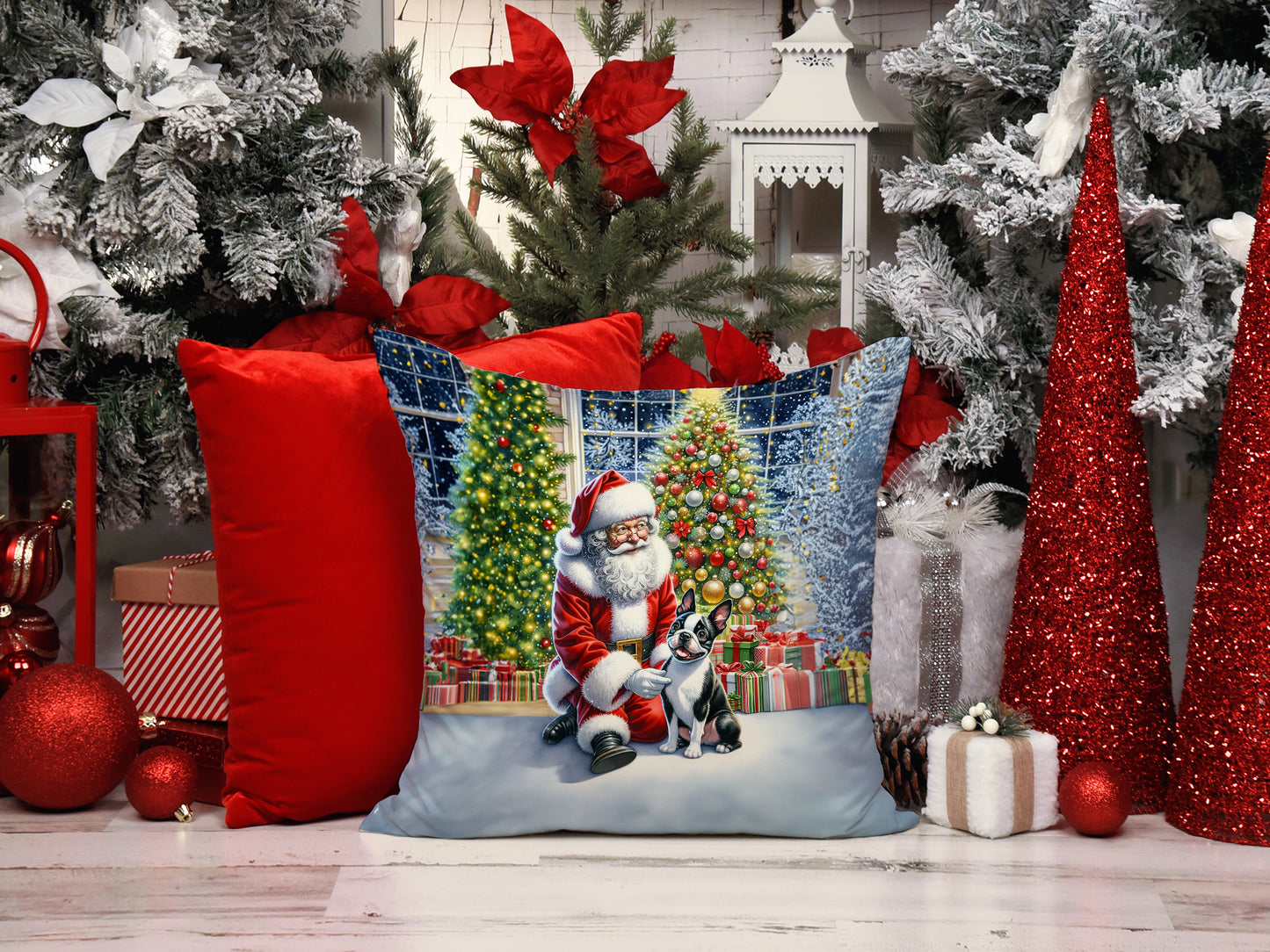 Boston Terrier and Santa Claus Throw Pillow