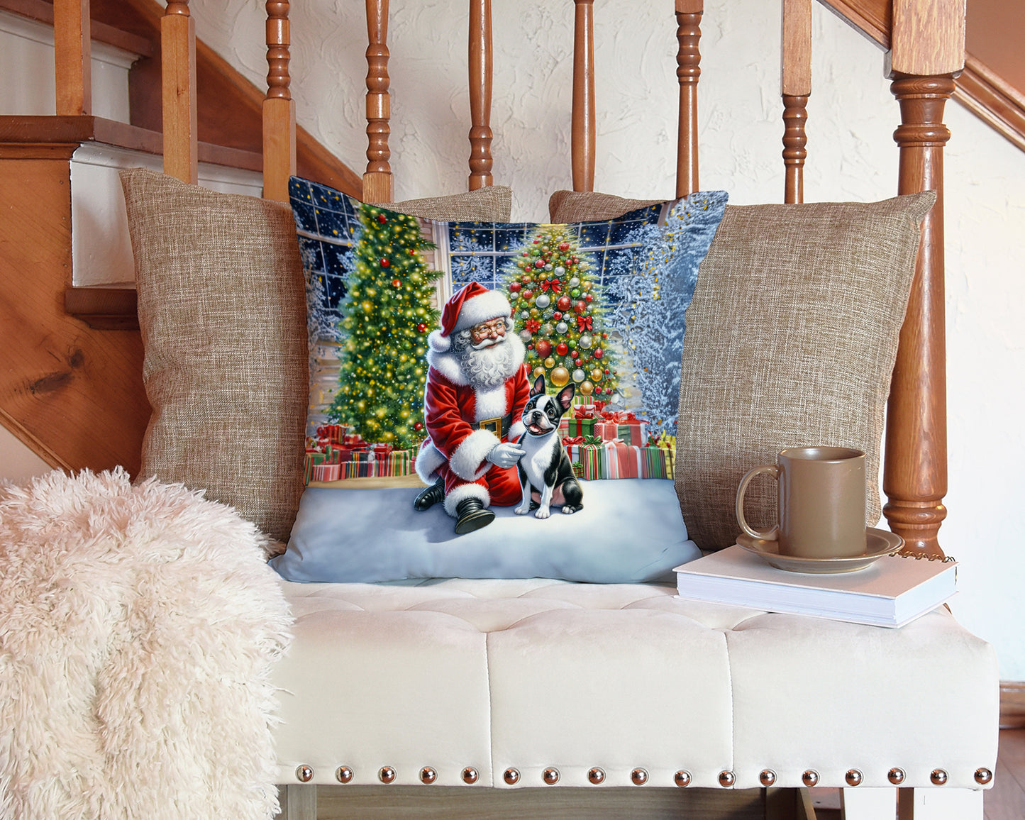 Boston Terrier and Santa Claus Throw Pillow