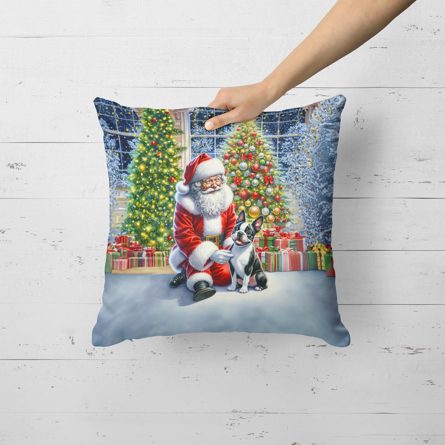 Boston Terrier and Santa Claus Throw Pillow